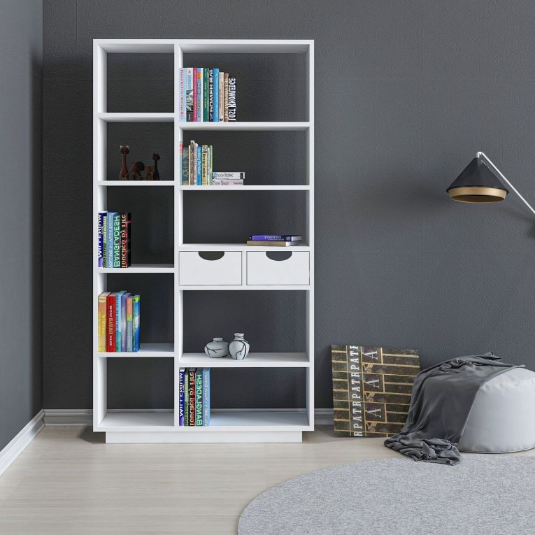 Libreria Bianco 8 Ripiani 2 Cassetti 80x25x189h cm, Installazione Libera - Imer