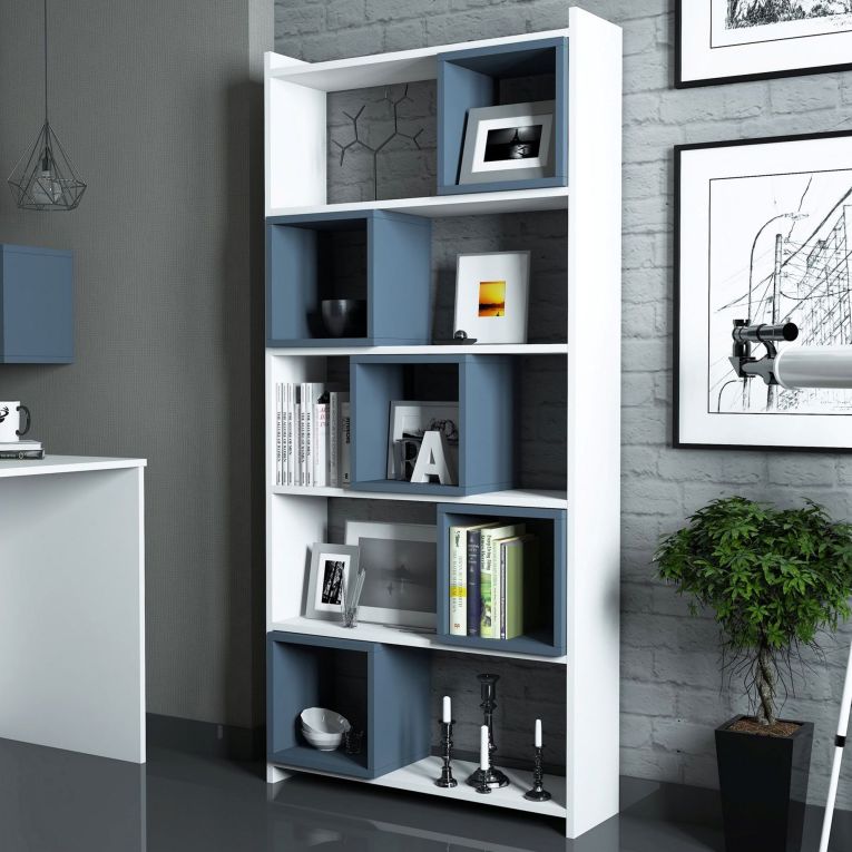 Libreria Bianco blu Ardesia 4 Ripiani Installazione Libera 80x22x170h cm, Sfumatura Colore Struttura Ardesia - Policoro