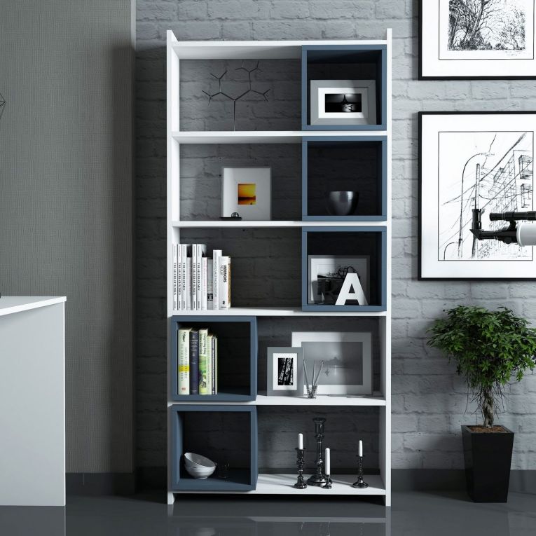Libreria Bianco blu Ardesia 4 Ripiani Installazione Libera 80x22x170h cm, Sfumatura Colore Struttura Ardesia - Policoro