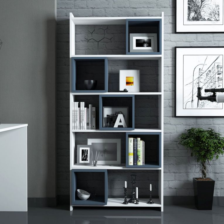 Libreria Bianco blu Ardesia 4 Ripiani Installazione Libera 80x22x170h cm, Sfumatura Colore Struttura Ardesia - Policoro
