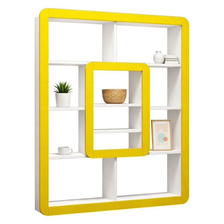 Libreria Bianco Giallo 8 Ripiani Installazione Libera 108x22x140h cm, Struttura Verticale - Caltrano