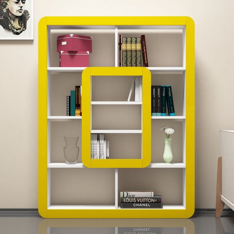 Libreria Bianco Giallo 8 Ripiani Installazione Libera 108x22x140h cm, Struttura Verticale - Caltrano