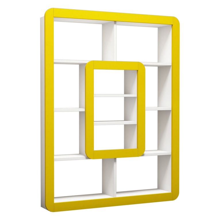 Libreria Bianco Giallo 8 Ripiani Installazione Libera 108x22x140h cm, Struttura Verticale - Caltrano