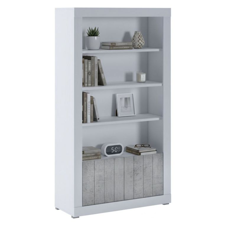 Libreria Bianco Grigio Cemento 3 Ripiani 2 Ante 105x42x191h cm, Installazione a Terra - Spinoso
