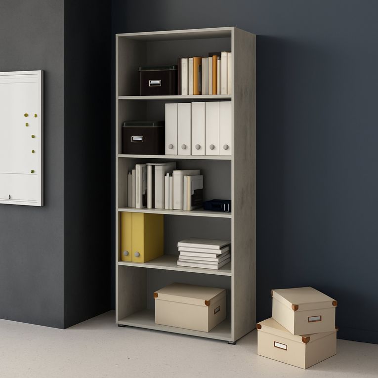 Libreria Bianco Grigio Cemento 4 Ripiani Installazione a Terra 79x34x188h cm, Sfumatura Colore Struttura Cemento - Brugnera