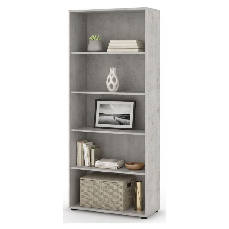 Libreria Bianco Grigio Cemento 4 Ripiani Installazione a Terra 79x34x188h cm, Sfumatura Colore Struttura Cemento - Brugnera