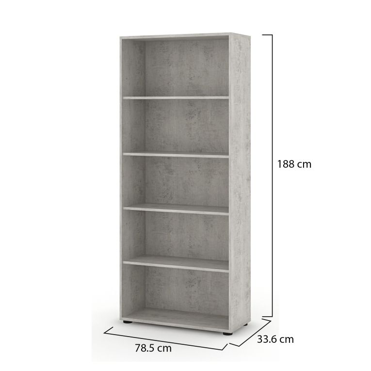 Libreria Bianco Grigio Cemento 4 Ripiani Installazione a Terra 79x34x188h cm, Sfumatura Colore Struttura Cemento - Brugnera