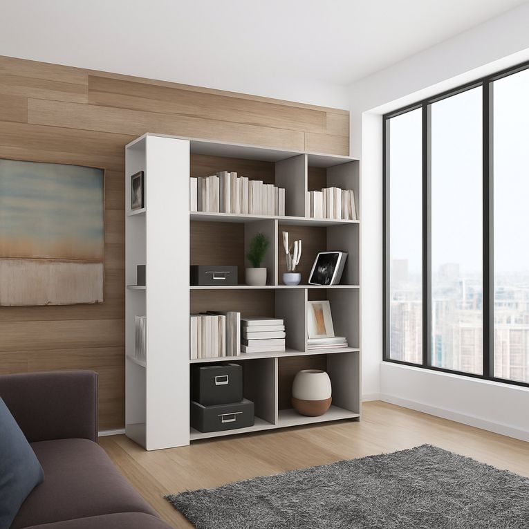 Libreria Bianco Grigio Cemento 6 Ripiani Installazione a Terra 129x33x174h cm, Colore Struttura Grigio - Oro