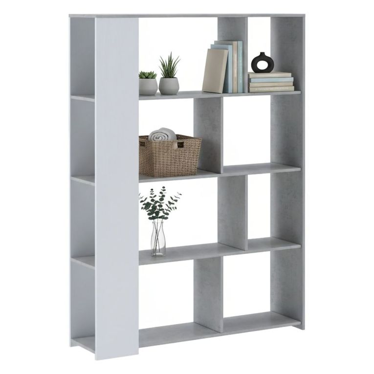 Libreria Bianco Grigio Cemento 6 Ripiani Installazione a Terra 129x33x174h cm, Colore Struttura Grigio - Oro