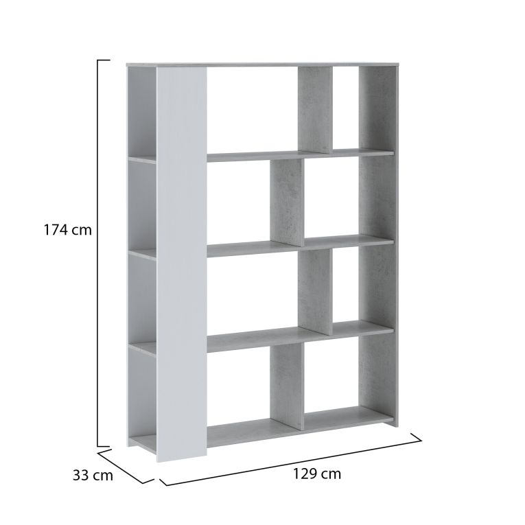 Libreria Bianco Grigio Cemento 6 Ripiani Installazione a Terra 129x33x174h cm, Colore Struttura Grigio - Oro