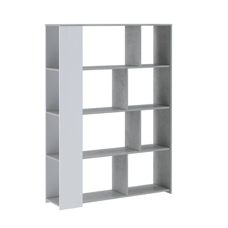 Libreria Bianco Grigio Cemento 6 Ripiani Installazione a Terra 129x33x174h cm, Colore Struttura Grigio - Oro