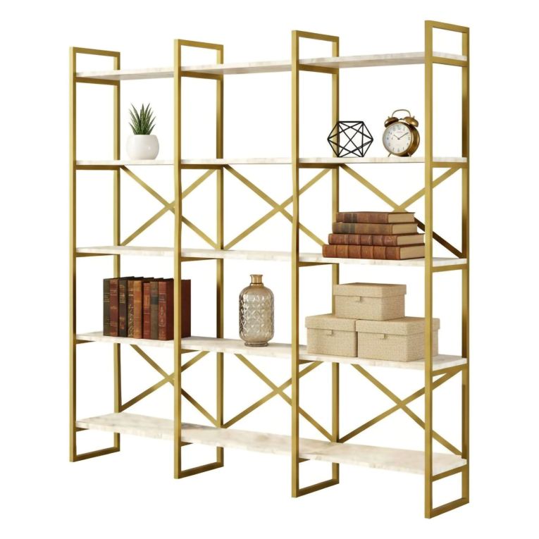 Libreria Bianco Marmo oro 5 Ripiani Installazione a Terra 170x30x175h cm, Materiale Struttura in Metallo - Gauro