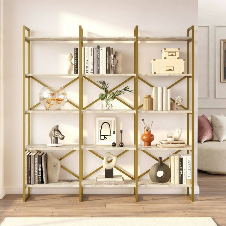 Libreria Bianco Marmo oro 5 Ripiani Installazione a Terra 170x30x175h cm, Materiale Struttura in Metallo - Gauro
