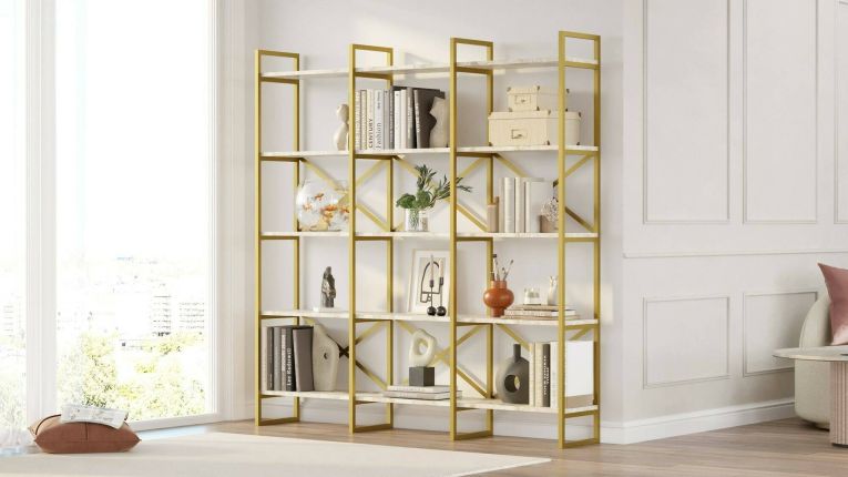 Libreria Bianco Marmo oro 5 Ripiani Installazione a Terra 170x30x175h cm, Materiale Struttura in Metallo - Gauro