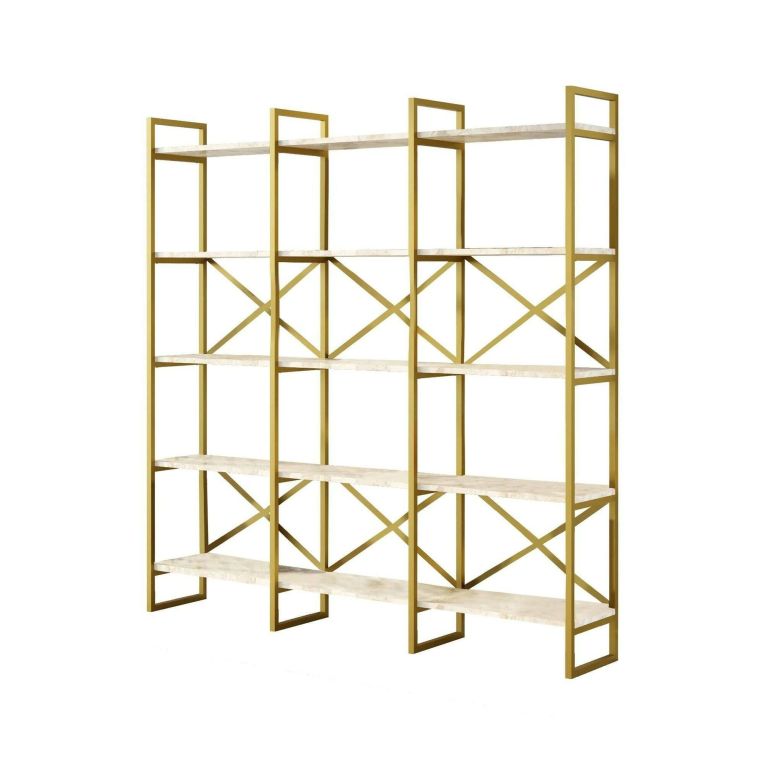 Libreria Bianco Marmo oro 5 Ripiani Installazione a Terra 170x30x175h cm, Materiale Struttura in Metallo - Gauro