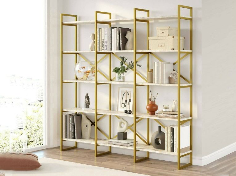 Libreria Bianco Marmo oro 5 Ripiani Installazione a Terra 170x30x175h cm, Materiale Struttura in Metallo - Gauro