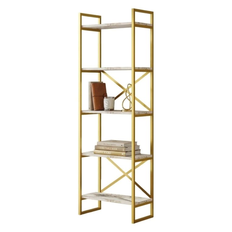 Libreria Bianco Marmo oro 5 Ripiani Installazione Libera 58x30x175h cm, Utilizzabile Come Divisorio Locale - Trecenta