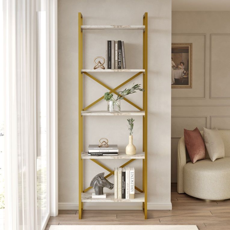 Libreria Bianco Marmo oro 5 Ripiani Installazione Libera 58x30x175h cm, Utilizzabile Come Divisorio Locale - Trecenta