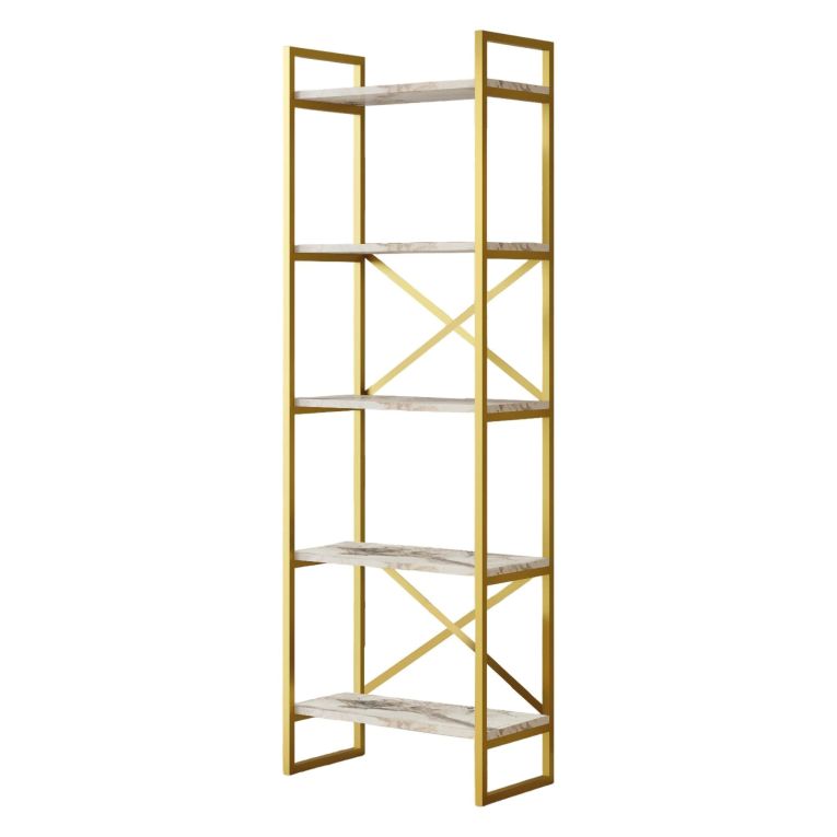 Libreria Bianco Marmo oro 5 Ripiani Installazione Libera 58x30x175h cm, Utilizzabile Come Divisorio Locale - Trecenta