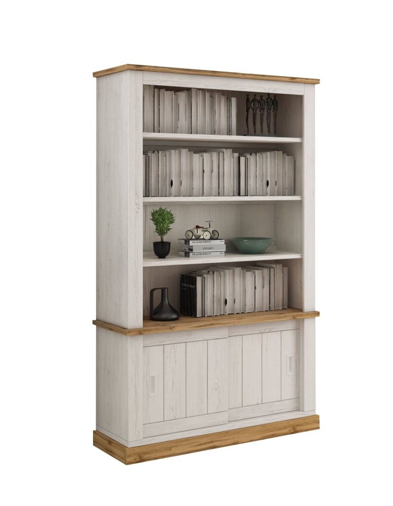 Libreria Bianco Marrone 3 Ripiani 2 Ante 122x40x203h cm, Installazione a Terra - Evandro