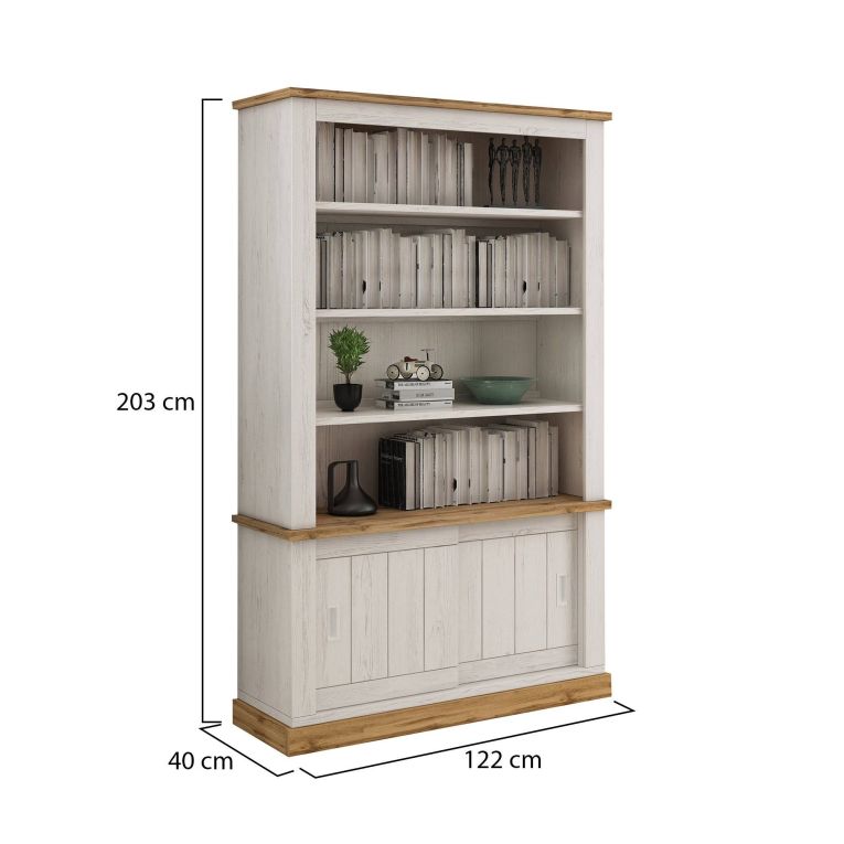 Libreria Bianco Marrone 3 Ripiani 2 Ante 122x40x203h cm, Installazione a Terra - Evandro