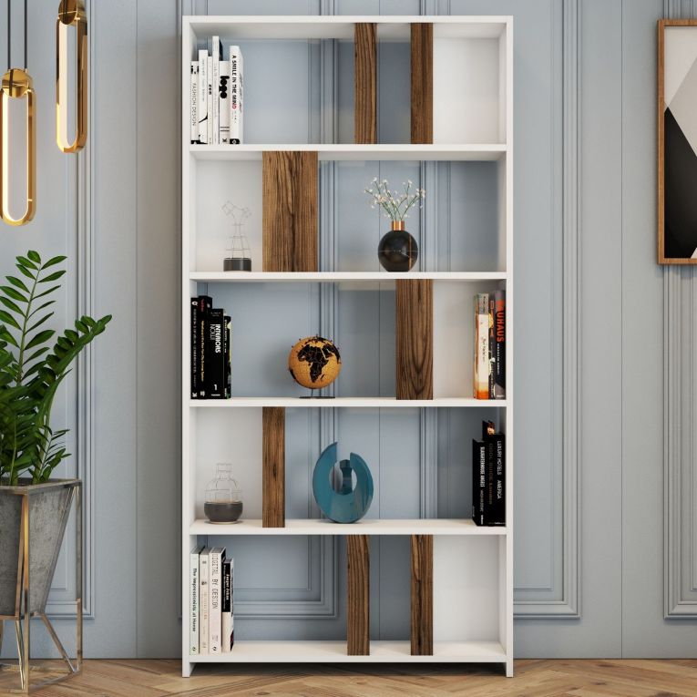Libreria Bianco Marrone Noce 4 Ripiani Installazione Libera 90x20x180h cm, Sfumatura Colore Struttura Noce - Tribogna