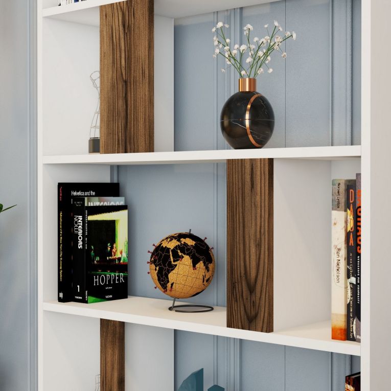 Libreria Bianco Marrone Noce 4 Ripiani Installazione Libera 90x20x180h cm, Sfumatura Colore Struttura Noce - Tribogna
