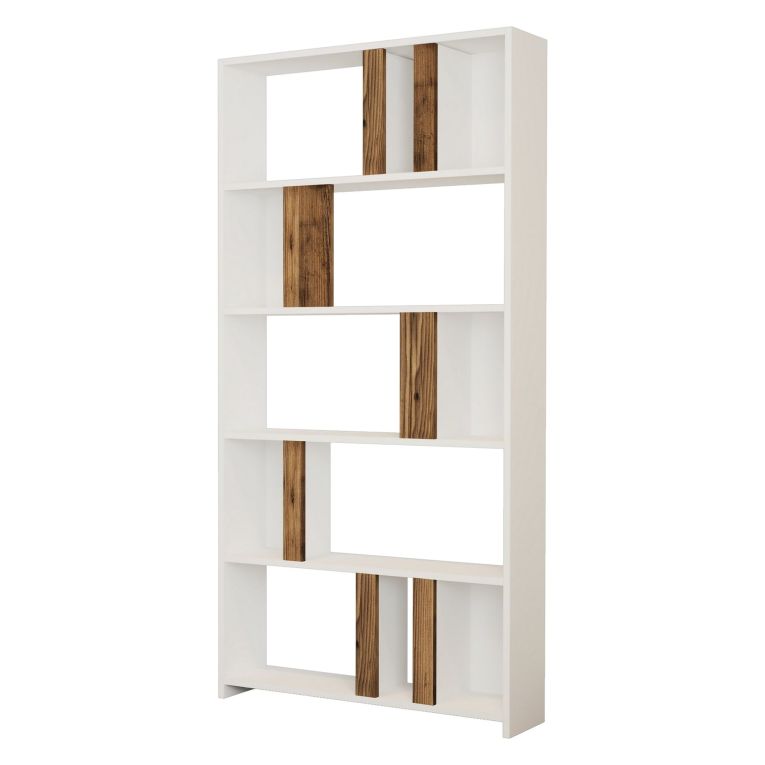 Libreria Bianco Marrone Noce 4 Ripiani Installazione Libera 90x20x180h cm, Sfumatura Colore Struttura Noce - Tribogna