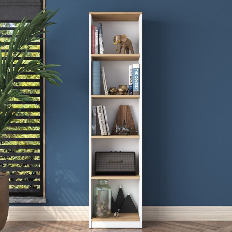 Libreria Bianco Marrone Rovere 4 Ripiani Installazione Libera 40x25x162h cm, Sfumatura Colore Struttura Rovere - Clitunno