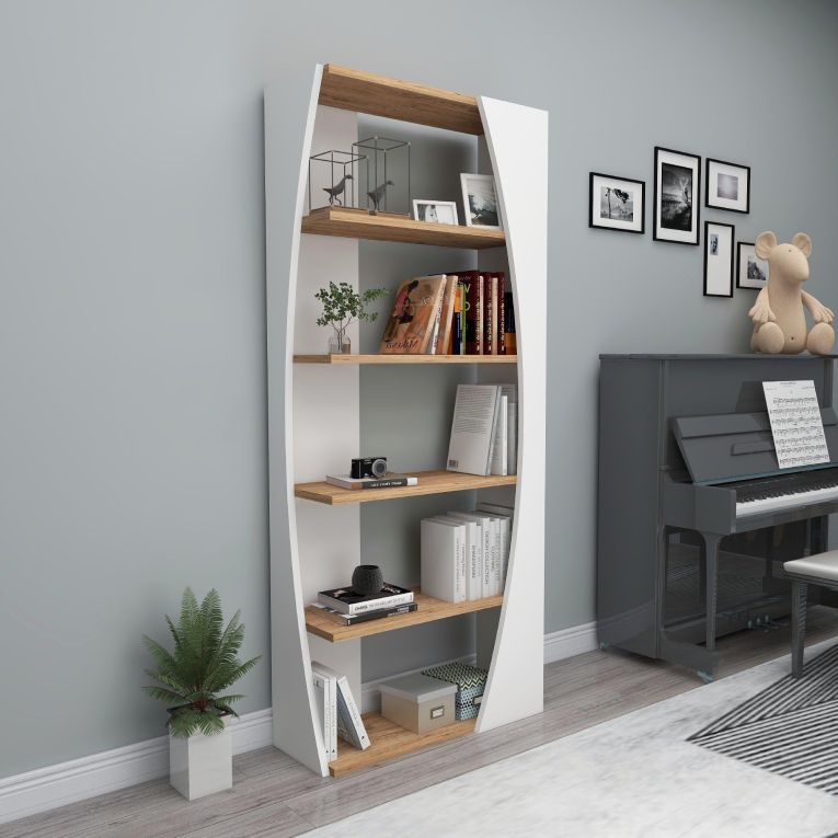 Libreria Bianco Marrone Rovere 4 Ripiani Installazione Libera 64x24x150h cm, Sfumatura Colore Struttura Rovere - Equo