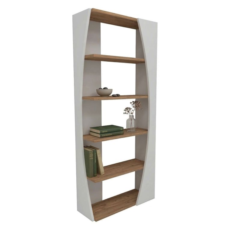 Libreria Bianco Marrone Rovere 4 Ripiani Installazione Libera 64x24x150h cm, Sfumatura Colore Struttura Rovere - Equo