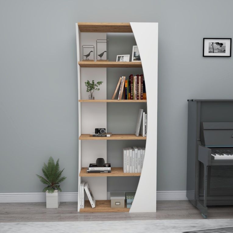 Libreria Bianco Marrone Rovere 4 Ripiani Installazione Libera 64x24x150h cm, Sfumatura Colore Struttura Rovere - Equo