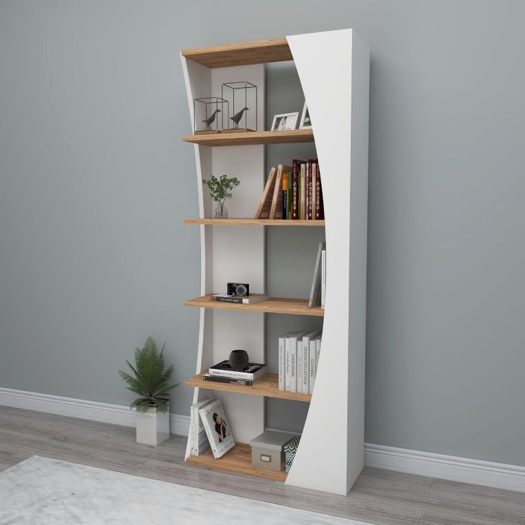Libreria Bianco Marrone Rovere 4 Ripiani Installazione Libera 64x24x150h cm, Sfumatura Colore Struttura Rovere - Equo