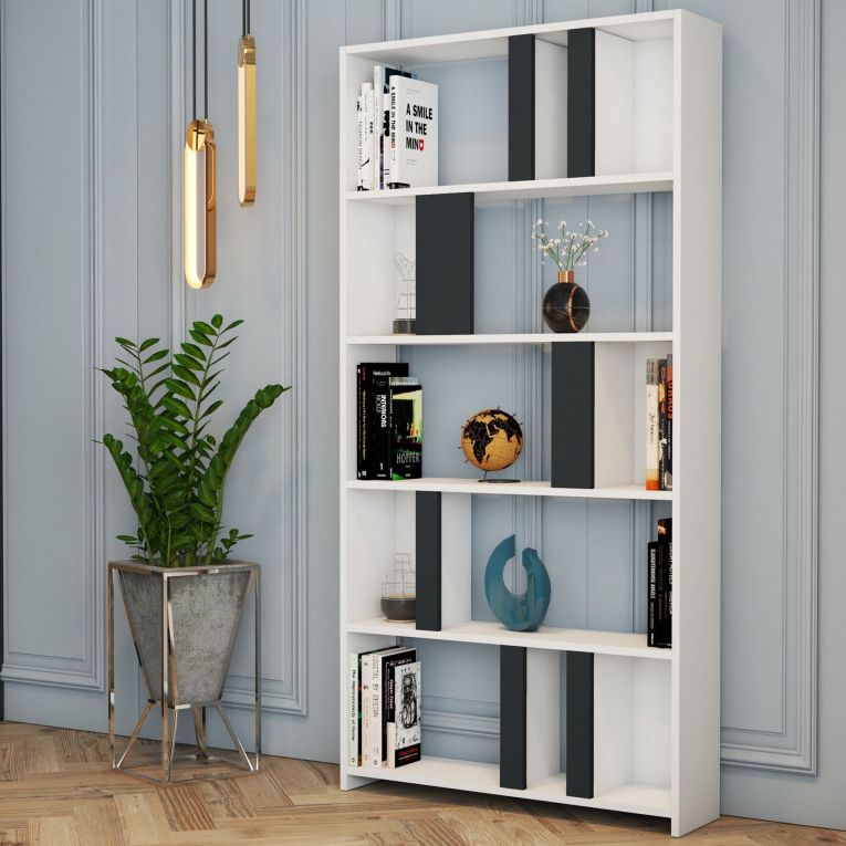 Libreria Bianco Nero Antracite 4 Ripiani Installazione Libera 90x20x180h cm, Sfumatura Colore Struttura Antracite - Tribogna