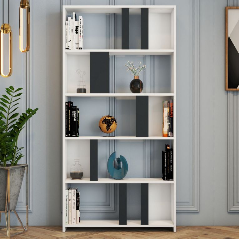 Libreria Bianco Nero Antracite 4 Ripiani Installazione Libera 90x20x180h cm, Sfumatura Colore Struttura Antracite - Tribogna