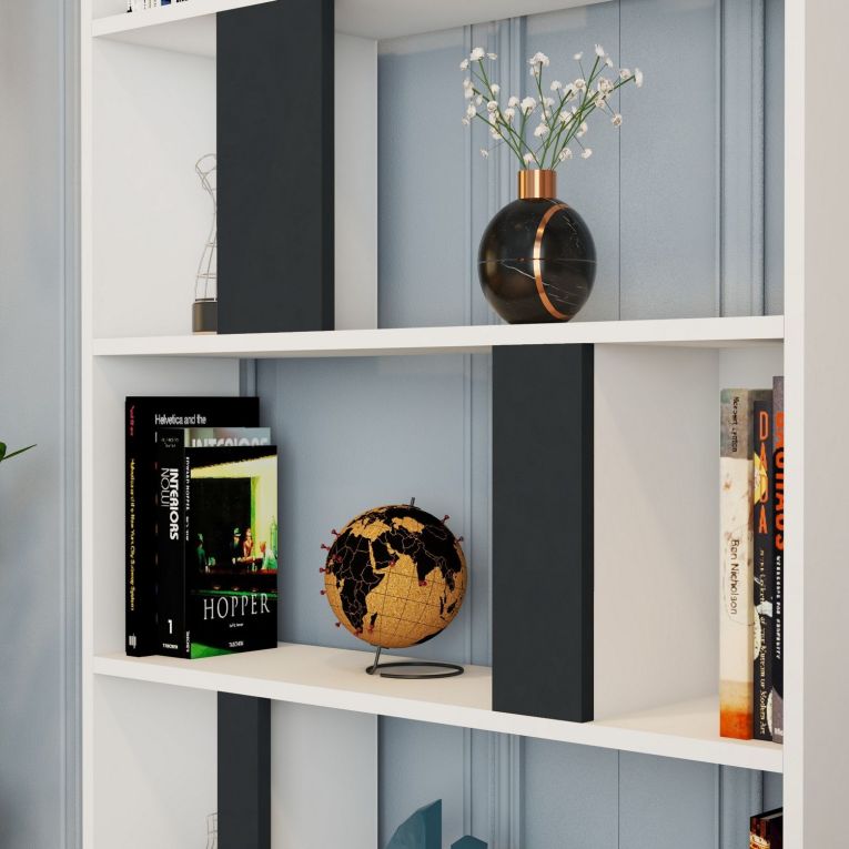 Libreria Bianco Nero Antracite 4 Ripiani Installazione Libera 90x20x180h cm, Sfumatura Colore Struttura Antracite - Tribogna