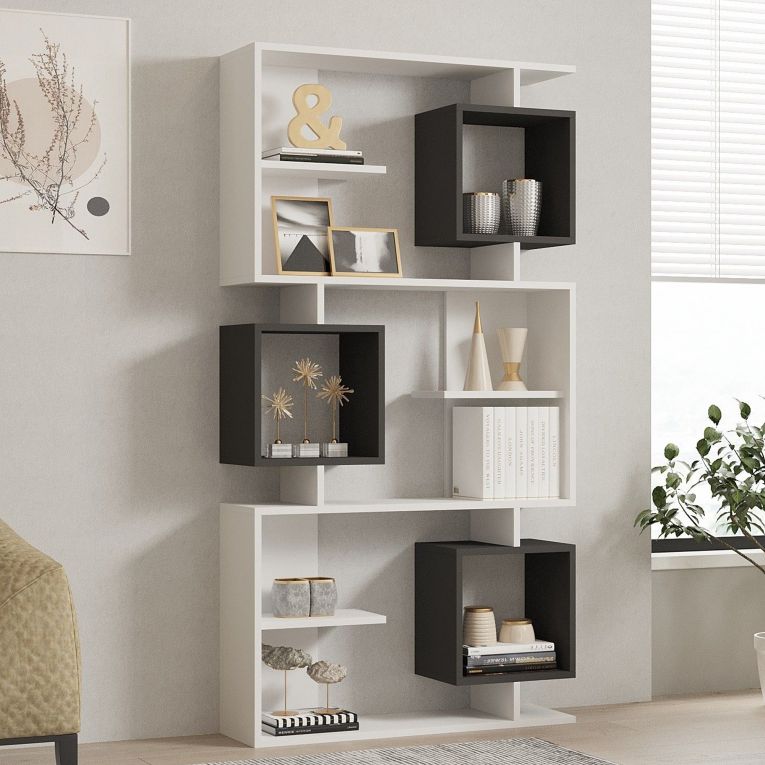 Libreria Bianco Nero Antracite 8 Ripiani Installazione Fissaggio al Muro 90x25x172h cm, Sfumatura Colore Struttura Antracite - Cergnago