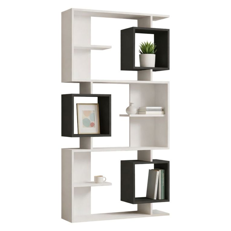 Libreria Bianco Nero Antracite 8 Ripiani Installazione Fissaggio al Muro 90x25x172h cm, Sfumatura Colore Struttura Antracite - Cergnago