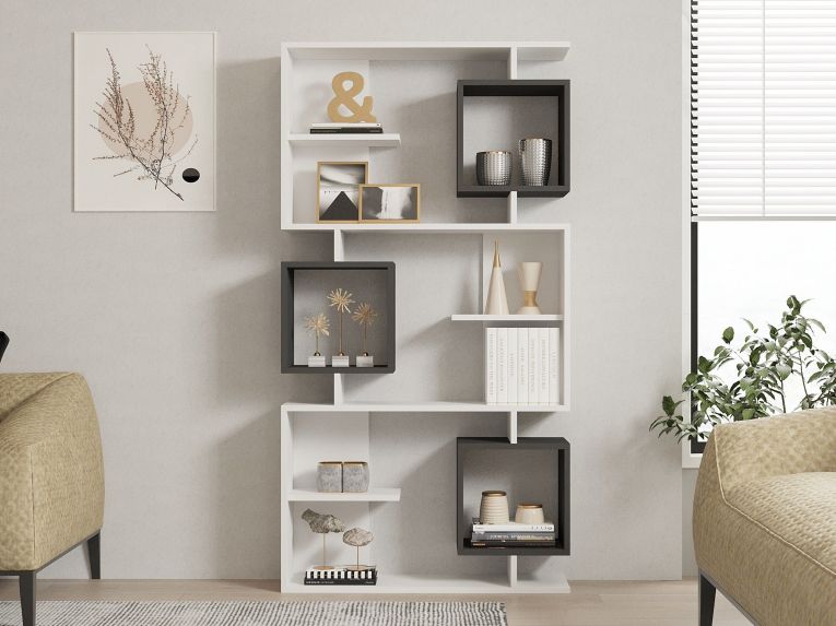 Libreria Bianco Nero Antracite 8 Ripiani Installazione Fissaggio al Muro 90x25x172h cm, Sfumatura Colore Struttura Antracite - Cergnago