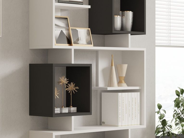 Libreria Bianco Nero Antracite 8 Ripiani Installazione Fissaggio al Muro 90x25x172h cm, Sfumatura Colore Struttura Antracite - Cergnago