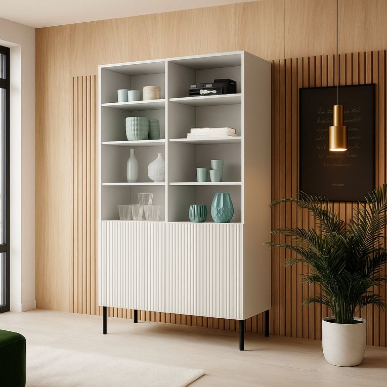 Libreria Bianco Nero un Ripiano Piedini Neri 100x42x177h cm, 2 Ante - Ghilarza