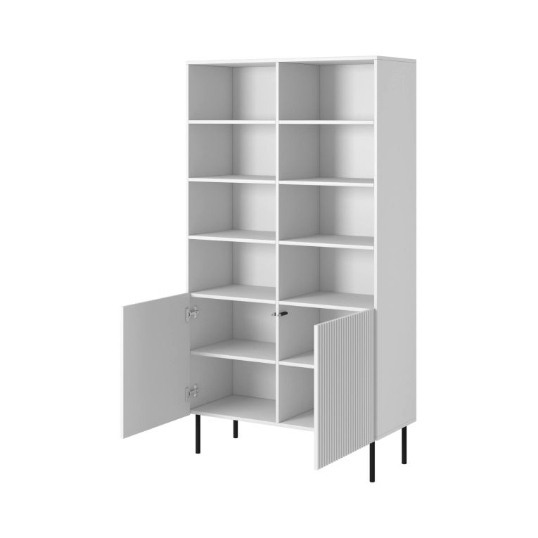 Libreria Bianco Nero un Ripiano Piedini Neri 100x42x177h cm, 2 Ante - Ghilarza