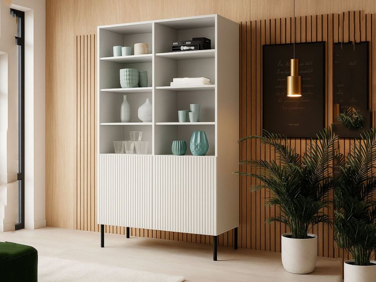Libreria Bianco Nero un Ripiano Piedini Neri 100x42x177h cm, 2 Ante - Ghilarza