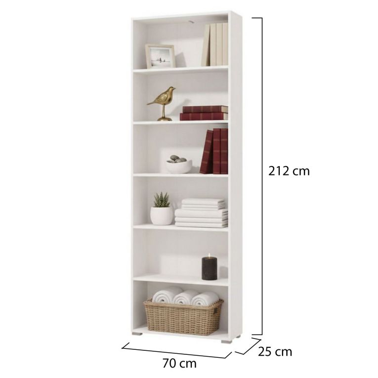 Libreria Bianco Opaco 5 Ripiani Installazione a Terra 70x24.5x211.5h cm, Sfumatura Colore Struttura Opaco - Pramollo