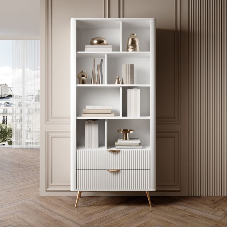 Libreria Bianco oro 2 Cassetti 4 Ripiani 88x38x194h cm, con Piedini - Kabavasi