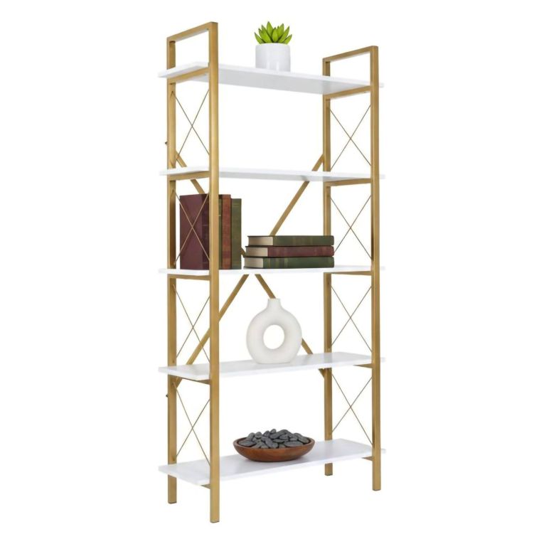 Libreria Bianco oro 5 Ripiani Installazione a Muro 90x34x180h cm, Struttura Fissa - Suriel