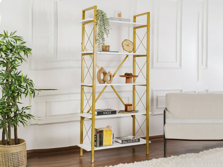 Libreria Bianco oro 5 Ripiani Installazione a Muro 90x34x180h cm, Struttura Fissa - Suriel