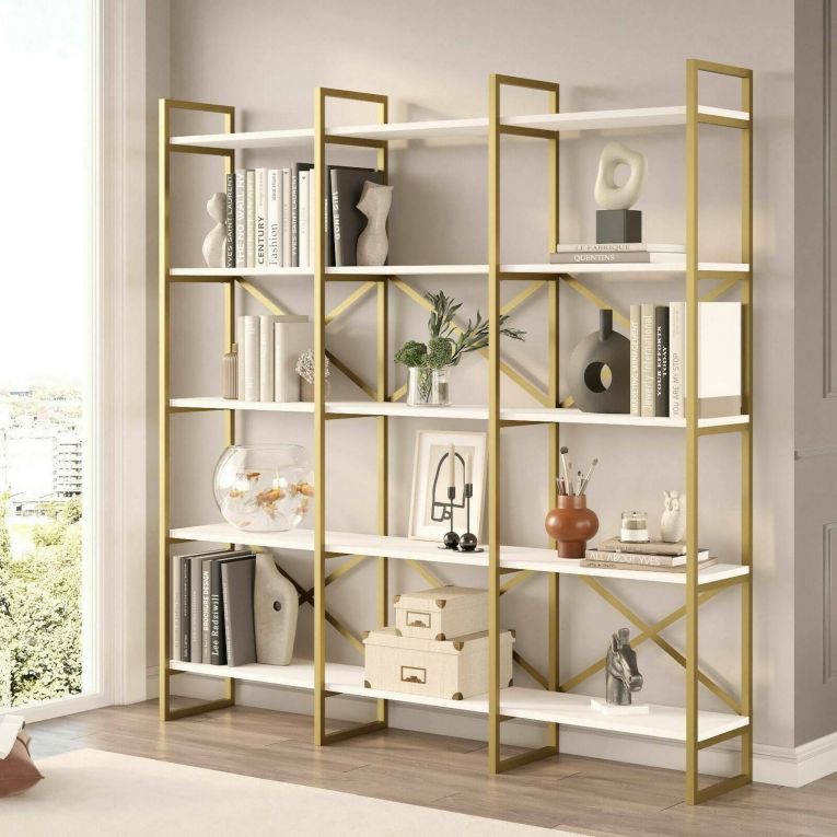 Libreria Bianco oro 5 Ripiani Struttura Verticale 170x30x175h cm, Colore Struttura oro - Gauro