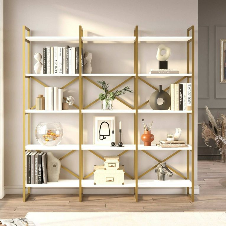 Libreria Bianco oro 5 Ripiani Struttura Verticale 170x30x175h cm, Colore Struttura oro - Gauro