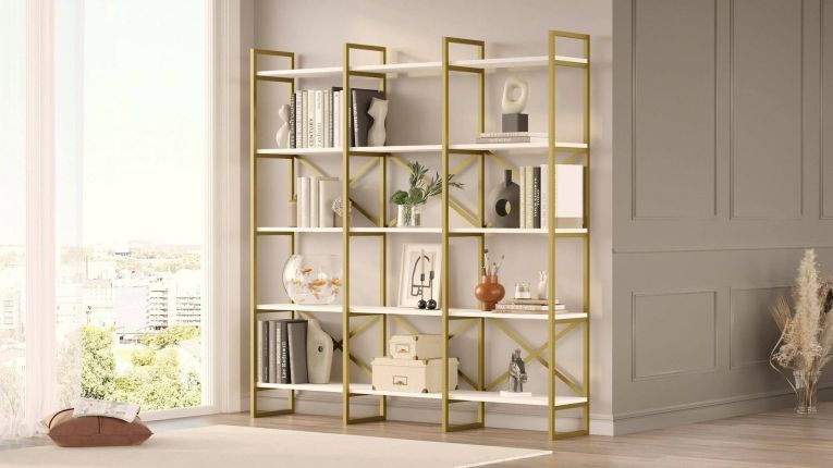Libreria Bianco oro 5 Ripiani Struttura Verticale 170x30x175h cm, Colore Struttura oro - Gauro